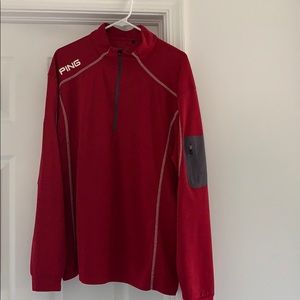 Men’s long sleeve Ping golf shirt. Maroon color.